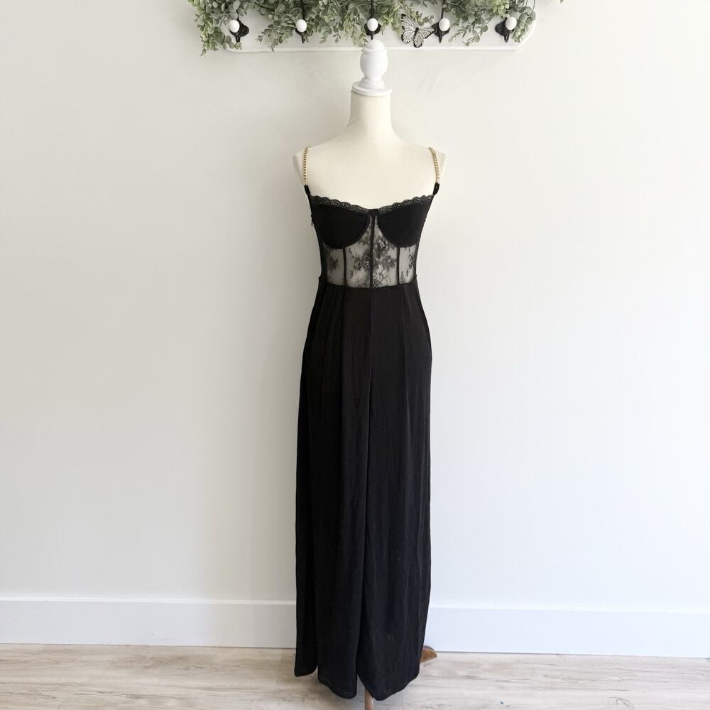 CIDER goth Black Gold Chain Strap Lace Corset Bust Wide Leg Jumpsuit Small New